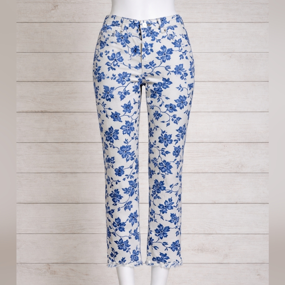 J. JILL FLORAL DENIM AUTHENTIC FIT CROPPED PANTS WITH FRINGED HEM
